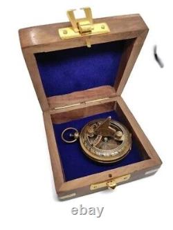 Brass Sundial Antique Pocket Compass with Wooden Box Compass Gift Set of 20 Pcs