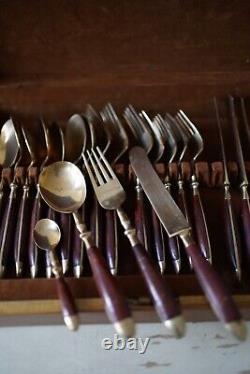 Brass cutlery set red brown with wooden box vintage antique