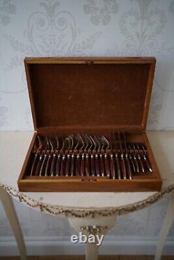 Brass cutlery set red brown with wooden box vintage antique