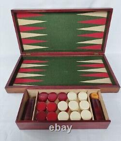 C1900 Lg Austrian Handmade Backgammon Full Set Wooden Folding Board Box Counters