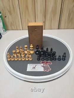 CHESSMEN/PIECES/SET WOOD USA MADE BROWN/BLACK In Wooden Box Dated 1933