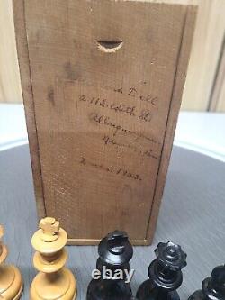 CHESSMEN/PIECES/SET WOOD USA MADE BROWN/BLACK In Wooden Box Dated 1933