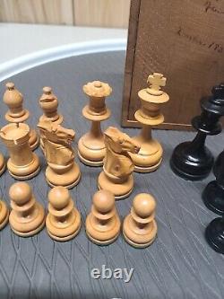 CHESSMEN/PIECES/SET WOOD USA MADE BROWN/BLACK In Wooden Box Dated 1933