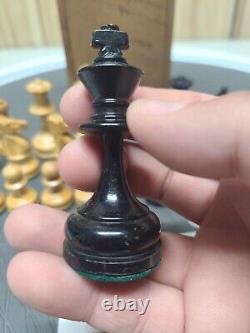 CHESSMEN/PIECES/SET WOOD USA MADE BROWN/BLACK In Wooden Box Dated 1933