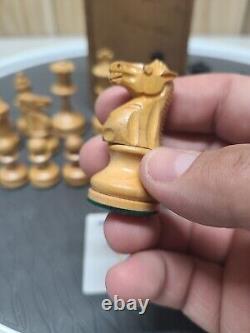 CHESSMEN/PIECES/SET WOOD USA MADE BROWN/BLACK In Wooden Box Dated 1933