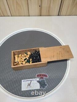 CHESSMEN/PIECES/SET WOOD USA MADE BROWN/BLACK In Wooden Box Dated 1933