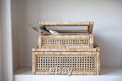 Cane and Rattan Display Boxes with Glass Lid, Set of 2