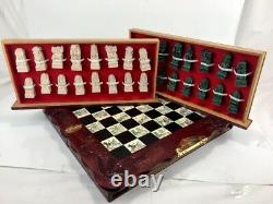 Carved Stone Vintage Asian Chinese Chess Set Figures Wooden Box Ornate Detail