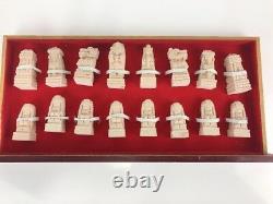 Carved Stone Vintage Asian Chinese Chess Set Figures Wooden Box Ornate Detail