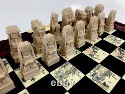 Carved Stone Vintage Asian Chinese Chess Set Figures Wooden Box Ornate Detail