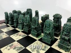 Carved Stone Vintage Asian Chinese Chess Set Figures Wooden Box Ornate Detail