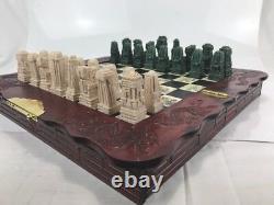 Carved Stone Vintage Asian Chinese Chess Set Figures Wooden Box Ornate Detail