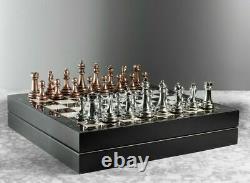 Chess Set Marble Patterned Wooden Box Zamak Stones With Storage Boxed 36x36 cm