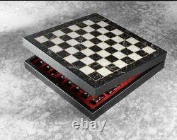 Chess Set Marble Patterned Wooden Box Zamak Stones With Storage Boxed 36x36 cm