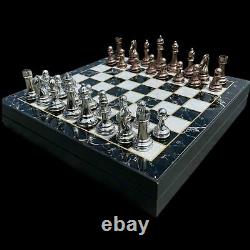 Chess Set Marble Patterned Wooden Box Zamak Stones With Storage Boxed 36x36 cm