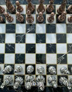 Chess Set Marble Patterned Wooden Box Zamak Stones With Storage Boxed 36x36 cm