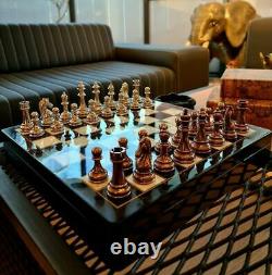 Chess Set Metal Classic Zamak Stones and Wooden Marble Boxed Chess Board 37 cm