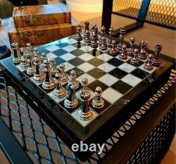 Chess Set Metal Classic Zamak Stones and Wooden Marble Boxed Chess Board 37 cm