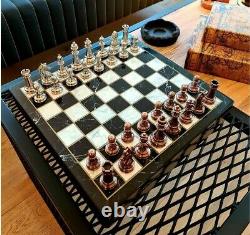 Chess Set Metal Classic Zamak Stones and Wooden Marble Boxed Chess Board 37 cm