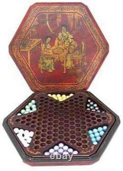 Chinese Chequers Set in Wooden Box Abstract Strategy Board Game
