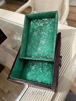 Chinese Wooden Jewelry Box Jade Inlaid+Mahjong Bamboo Bone Set