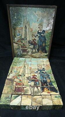 Civil war era Victorian Wood Block Puzzle set / 6 sided in wooden box RARE worn