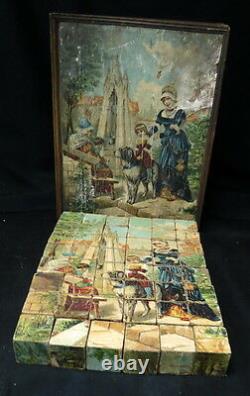 Civil war era Victorian Wood Block Puzzle set / 6 sided in wooden box RARE worn