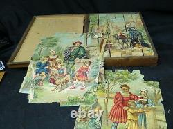 Civil war era Victorian Wood Block Puzzle set / 6 sided in wooden box RARE worn