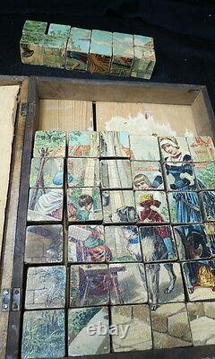 Civil war era Victorian Wood Block Puzzle set / 6 sided in wooden box RARE worn