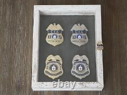 Collectible Box Set Wooden Shadow Box with 4 Badges, Very Rare