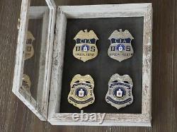 Collectible Box Set Wooden Shadow Box with 4 Badges, Very Rare