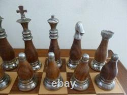 Contemporary Wood & Metal Chess Set in Inlaid Wooden Storage Box/Board 1 Drawer