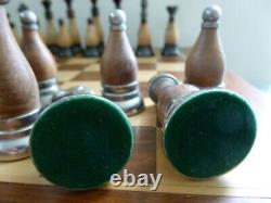 Contemporary Wood & Metal Chess Set in Inlaid Wooden Storage Box/Board 1 Drawer