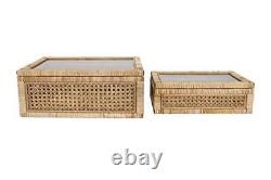 Creative Co-Op Cane and Rattan Display Boxes with Glass Lid Set of 2