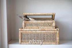 Creative Co-Op Cane and Rattan Display Boxes with Glass Lid Set of 2