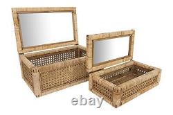 Creative Co-Op Cane and Rattan Display Boxes with Glass Lid Set of 2