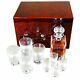 Crystal Whisky Decanter, Tumbler And Shot Glass Set In A Makah Burlwood Box