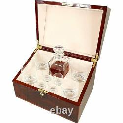 Crystal Whisky Decanter, Tumbler and Shot Glass Set in a Makah Burlwood Box
