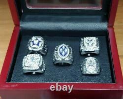 Dallas Cowboys Set of 5 Silver Color Super Bowl Rings With Wooden Display Box