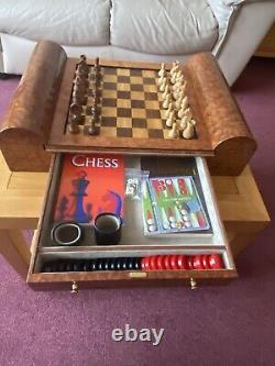 Decorative Chess/Draughts/Backgammon set in veneered wooden box