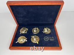 Disney Pins 2004 Olympics Goofy Gold Medals in Engraved Wooden Box Set of 5