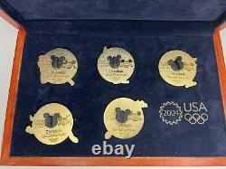 Disney Pins 2004 Olympics Goofy Gold Medals in Engraved Wooden Box Set of 5