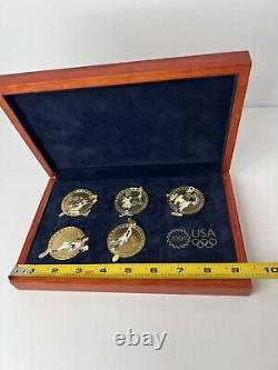 Disney Pins 2004 Olympics Goofy Gold Medals in Engraved Wooden Box Set of 5