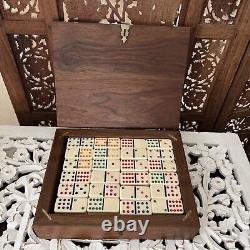 Domino Set in Stunning Custom Handcrafted Wooden Box Vintage Woodwork Tile Game