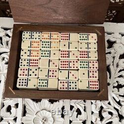 Domino Set in Stunning Custom Handcrafted Wooden Box Vintage Woodwork Tile Game