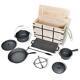 Dutch Oven Cookware Set Camping Barbecue Grill Pan Wooden Box 9pcs Cast Iron