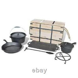 Dutch Oven Cookware Set Camping Barbecue Grill Pan Wooden Box 9pcs Cast Iron