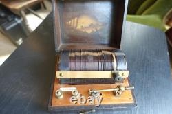 Early 1920's Cat's Whisker Crystal Receiver Set In Beautiful Inlaid Wooden Box