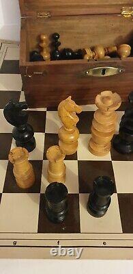 Exceptionally Large, Old, Wooden Chess Set and Box