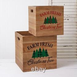 Farm Fresh Christmas Trees Wooden Storage Crates Organizer Boxes 2 pc Set